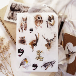 Planche de douze autocollants d'aquarelles animalières - "BESTIAIRE ENCRÉ" - Format A4