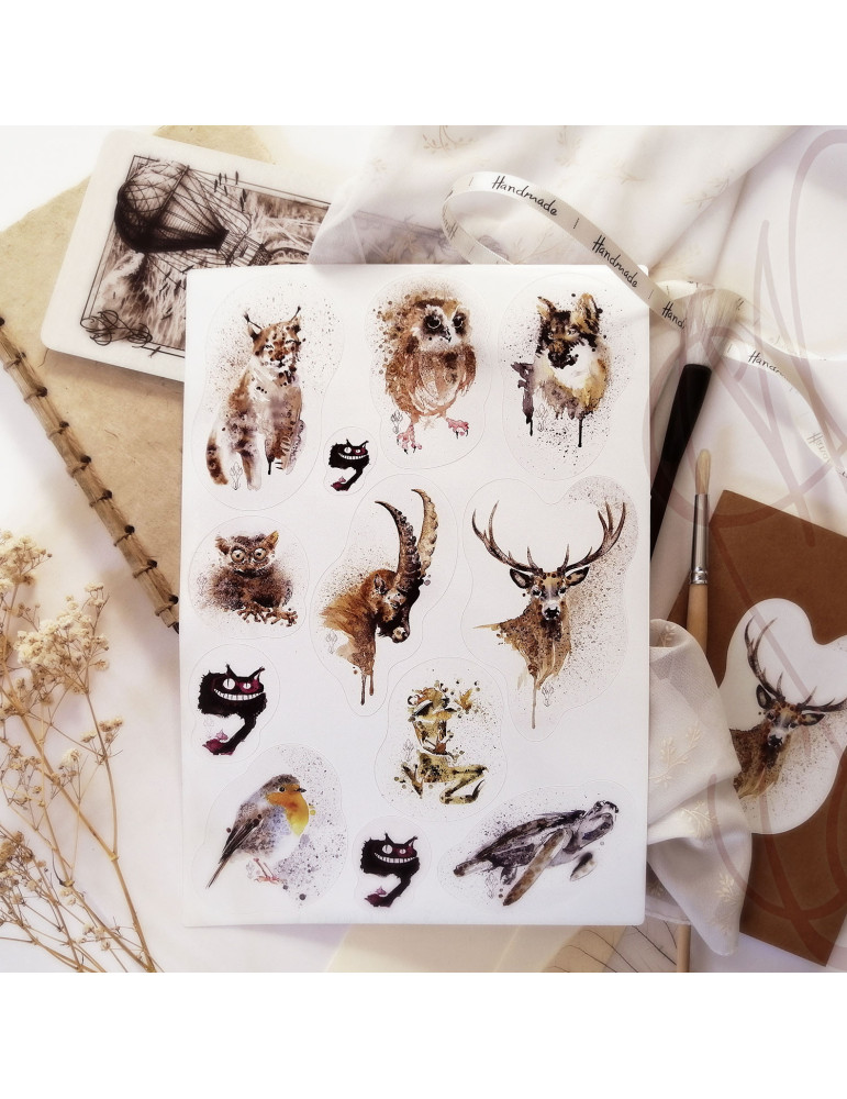 Planche de douze autocollants d'aquarelles animalières - "BESTIAIRE ENCRÉ" - Format A4