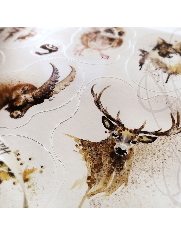 Planche de douze autocollants d'aquarelles animalières - "BESTIAIRE ENCRÉ" - Format A4