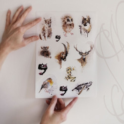 Planche de douze autocollants d'aquarelles animalières - "BESTIAIRE ENCRÉ" - Format A4