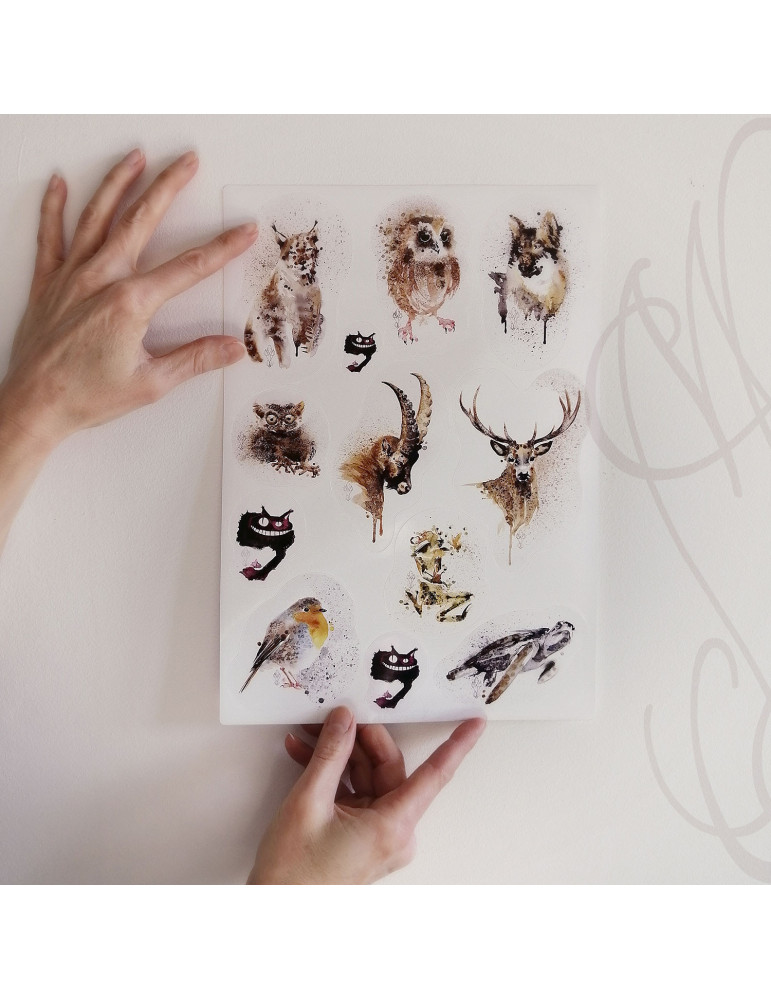 Planche de douze autocollants d'aquarelles animalières - "BESTIAIRE ENCRÉ" - Format A4
