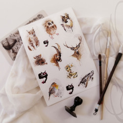 Planche de douze autocollants d'aquarelles animalières - "BESTIAIRE ENCRÉ" - Format A4