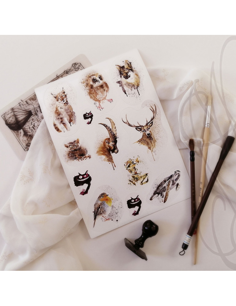 Planche de douze autocollants d'aquarelles animalières - "BESTIAIRE ENCRÉ" - Format A4