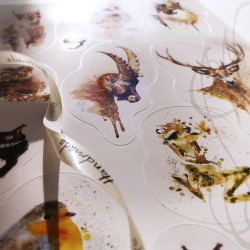 Planche de douze autocollants d'aquarelles animalières - "BESTIAIRE ENCRÉ" - Format A4