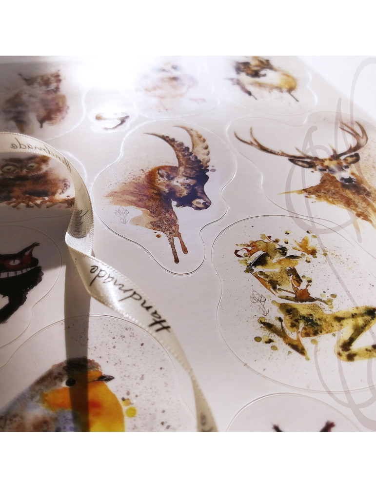 Planche de douze autocollants d'aquarelles animalières - "BESTIAIRE ENCRÉ" - Format A4