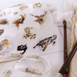 Planche de douze autocollants d'aquarelles animalières - "BESTIAIRE ENCRÉ" - Format A4