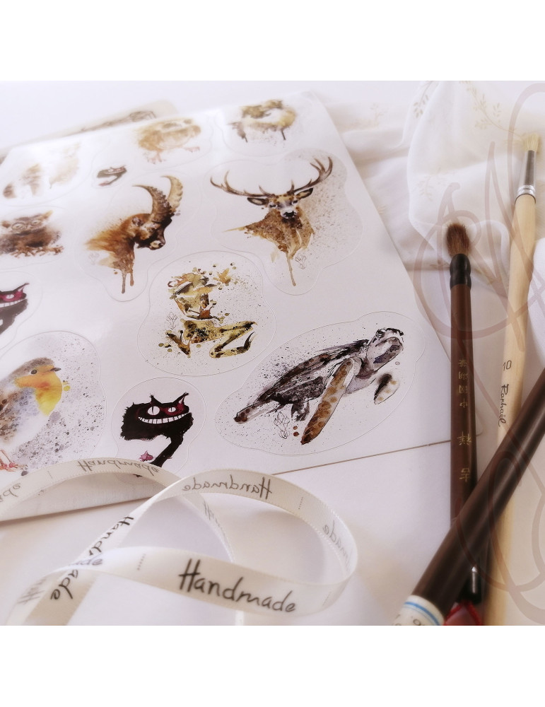 Planche de douze autocollants d'aquarelles animalières - "BESTIAIRE ENCRÉ" - Format A4
