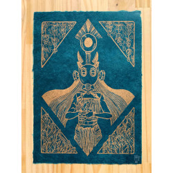 Linogravure "Grou" en bleu pétrole