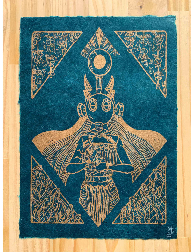 Linogravure "Grou" en bleu pétrole